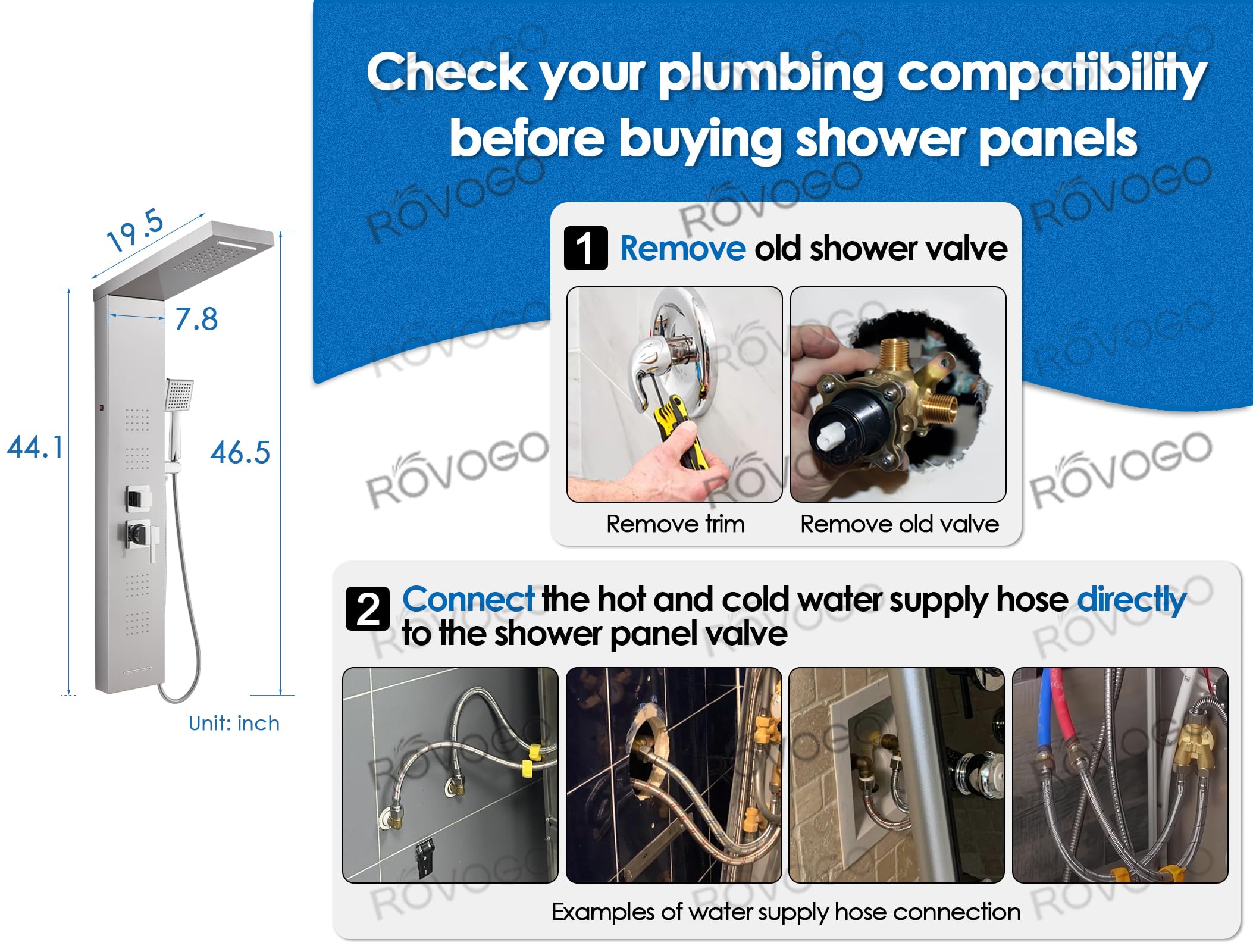 ROVOGO LED Shower Panel brushed stainless steel for durability