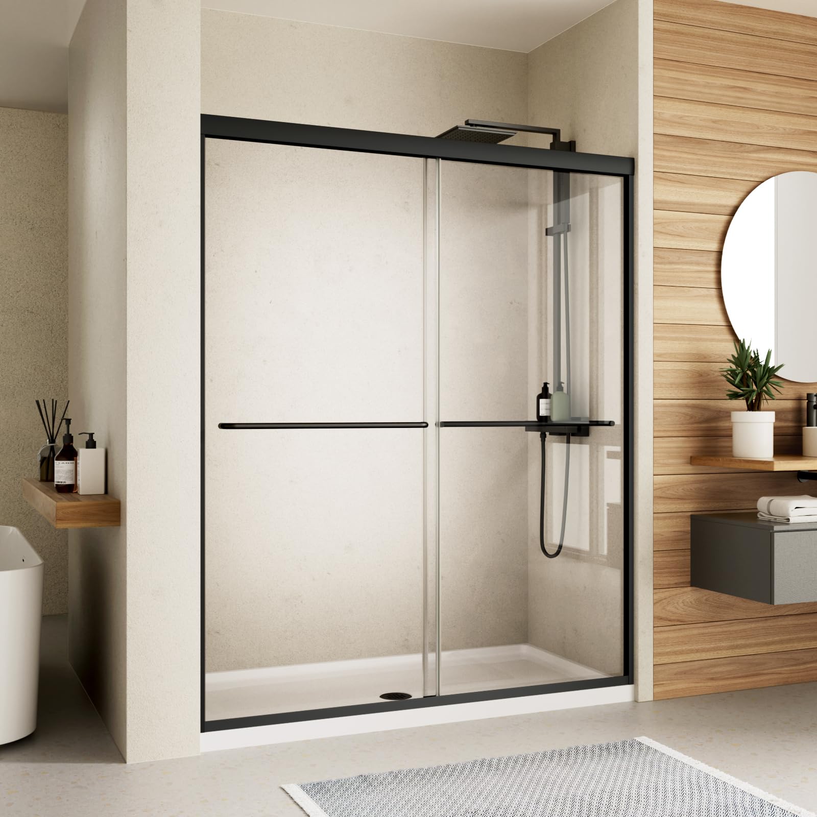 Royal Guard double sliding shower door in matte black with a 56-60 inch width for flexible layouts.