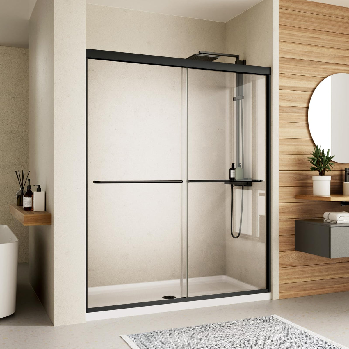 Royal Guard double sliding shower door in matte black with a 56-60 inch width for flexible layouts.