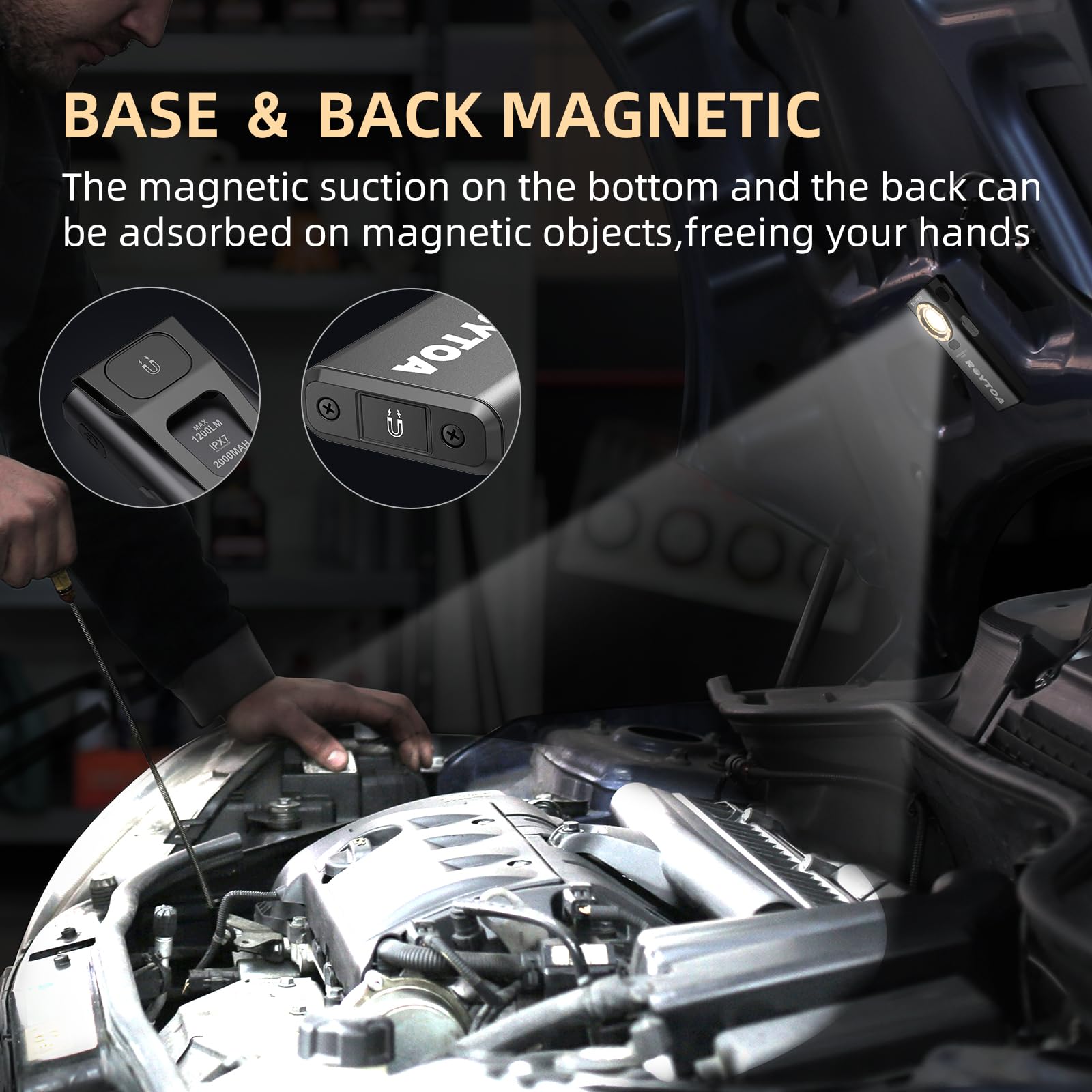 ROYTOA pocket flashlight magnetic base for hands-free work.