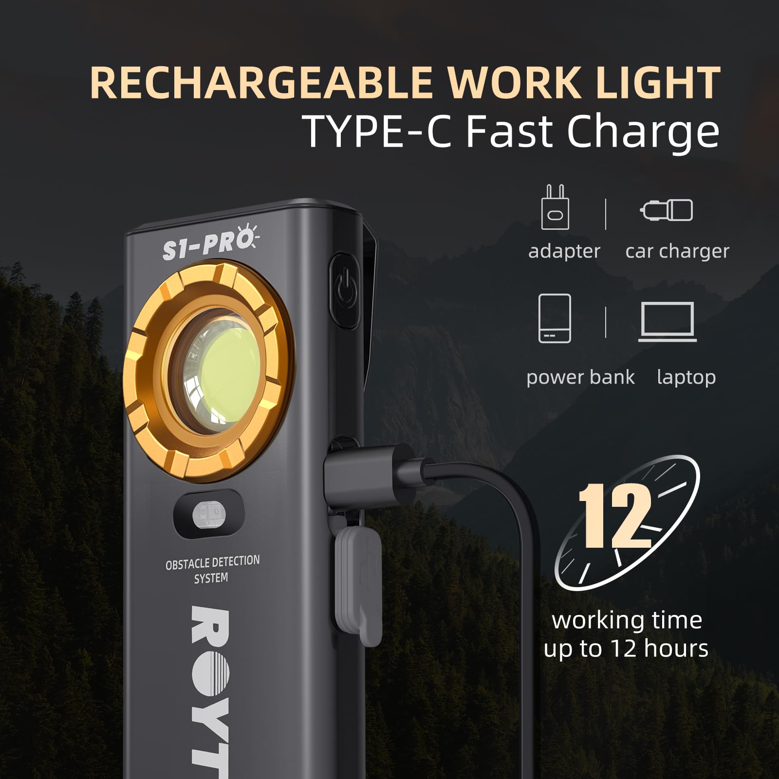 ROYTOA pocket flashlight USB-C port for quick charging.