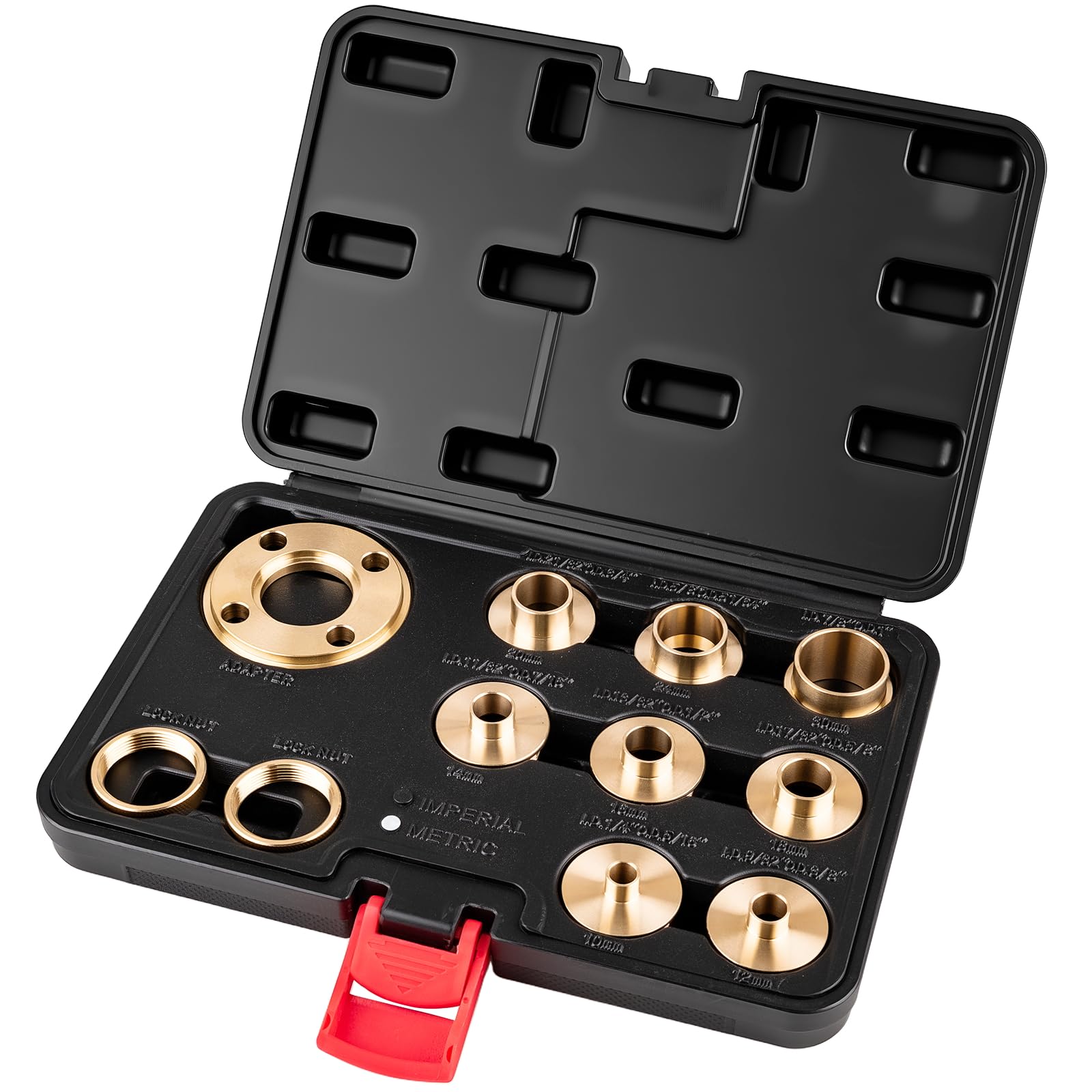 Rpeconu 11Pcs brass router bushing guide set in storage case for precise setup.