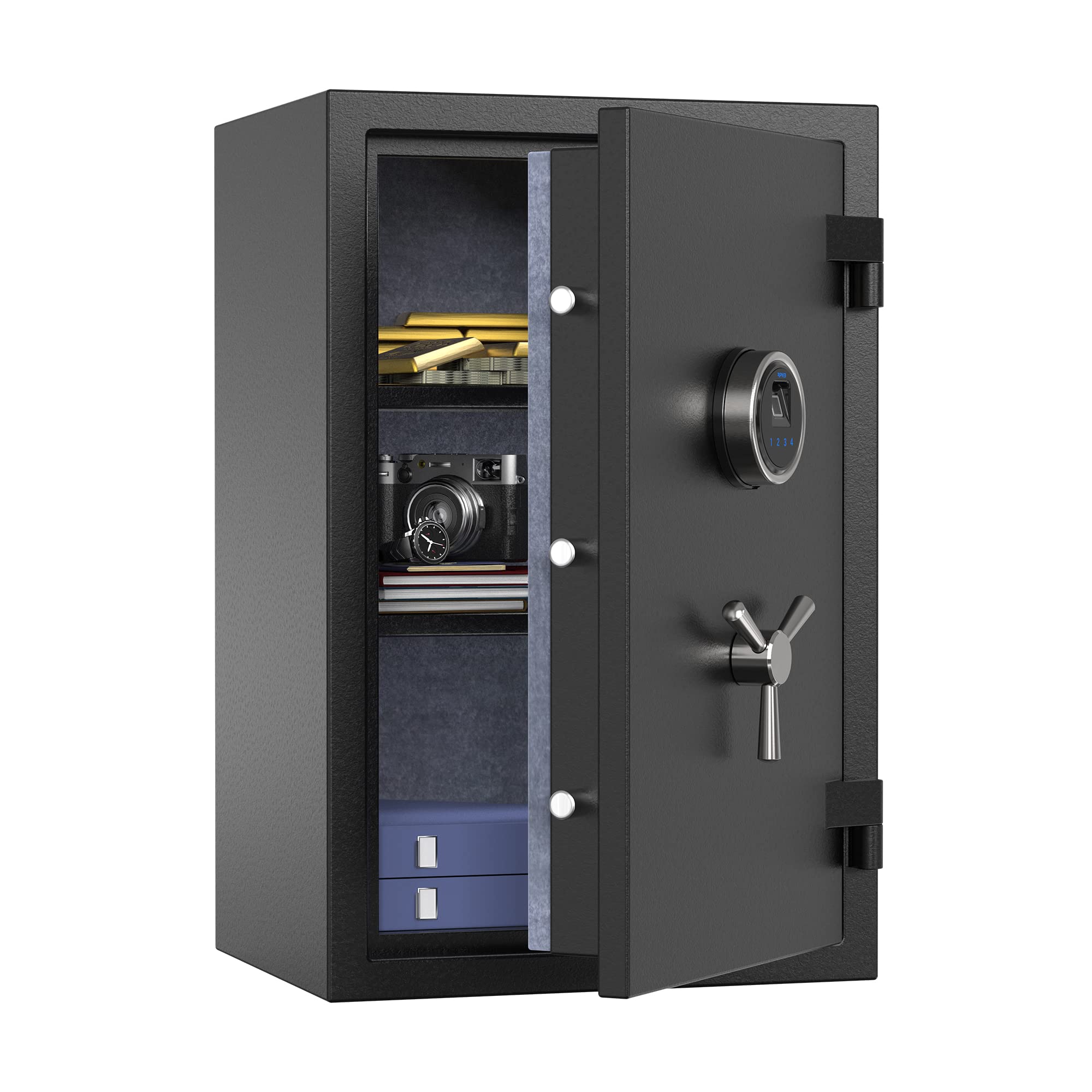 RPNB biometric fingerprint fireproof safe front view showing quick access and sturdy construction.