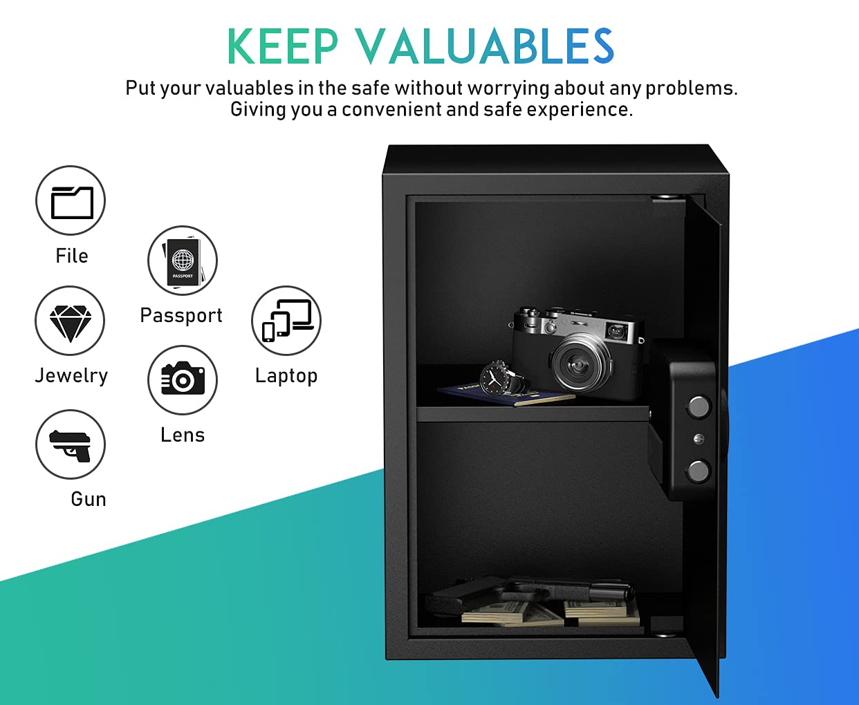 RPNB safe interior provides ample 1.8 cu ft storage for valuables.
