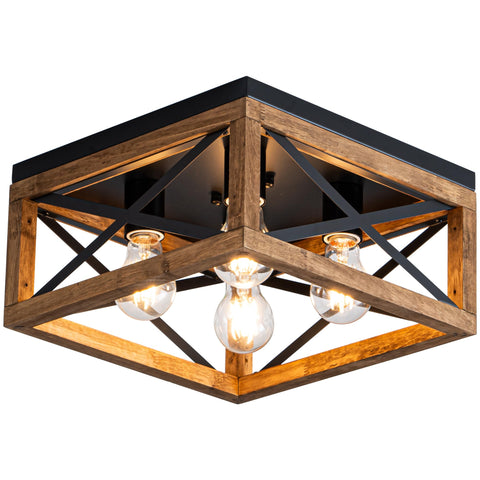 Rpzloila farmhouse ceiling light with square wood frame and black metal accents for warm ambience.