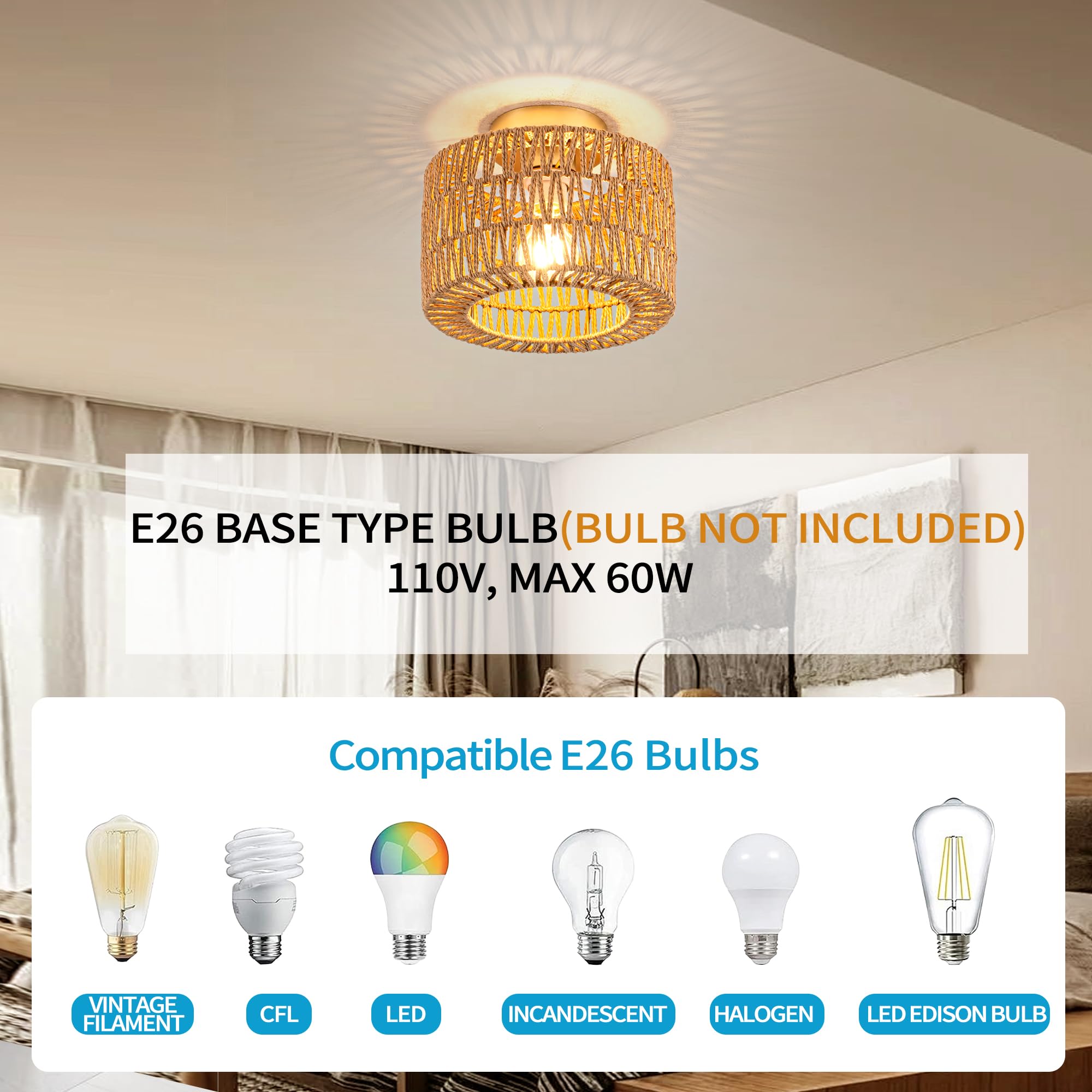 Rpzloila rattan ceiling light dimmable setup compatible with standard switches