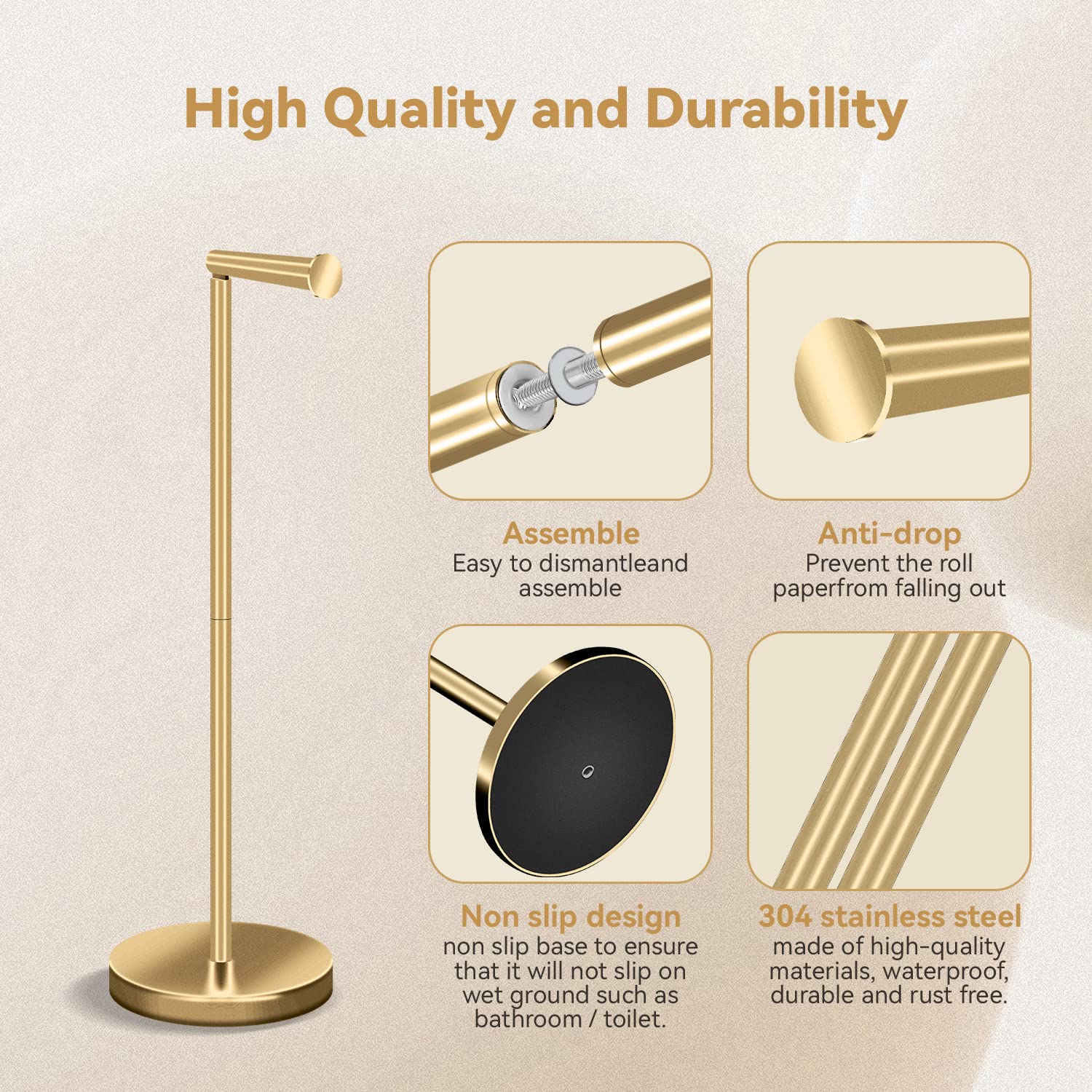 RRM toilet paper holder stand roller arm fits most roll sizes.