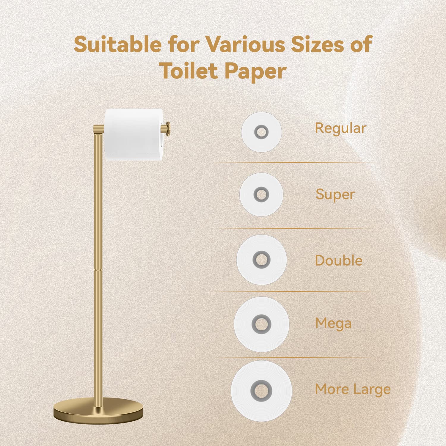 RRM toilet paper holder stand rustproof design for humid bathrooms.