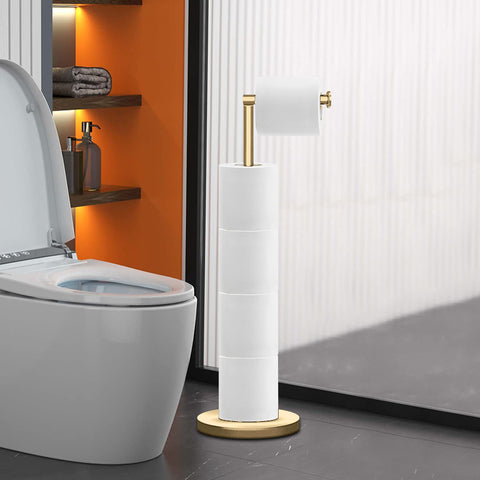 RRM toilet paper holder stand storage space keeps spare rolls handy.