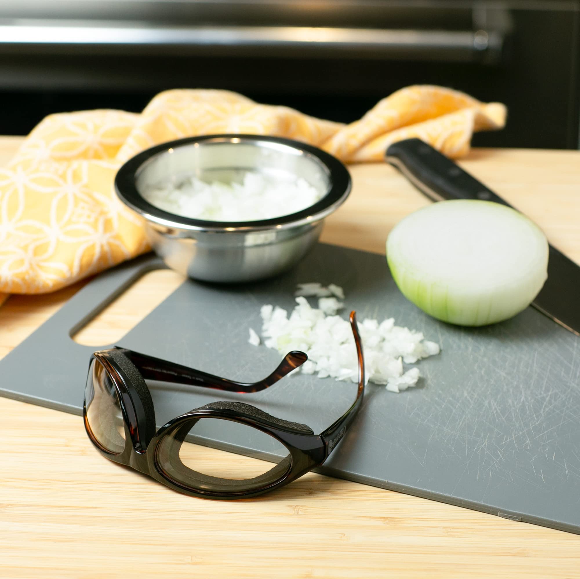 RSVP tortoise-color goggles add subtle style to kitchen gear.