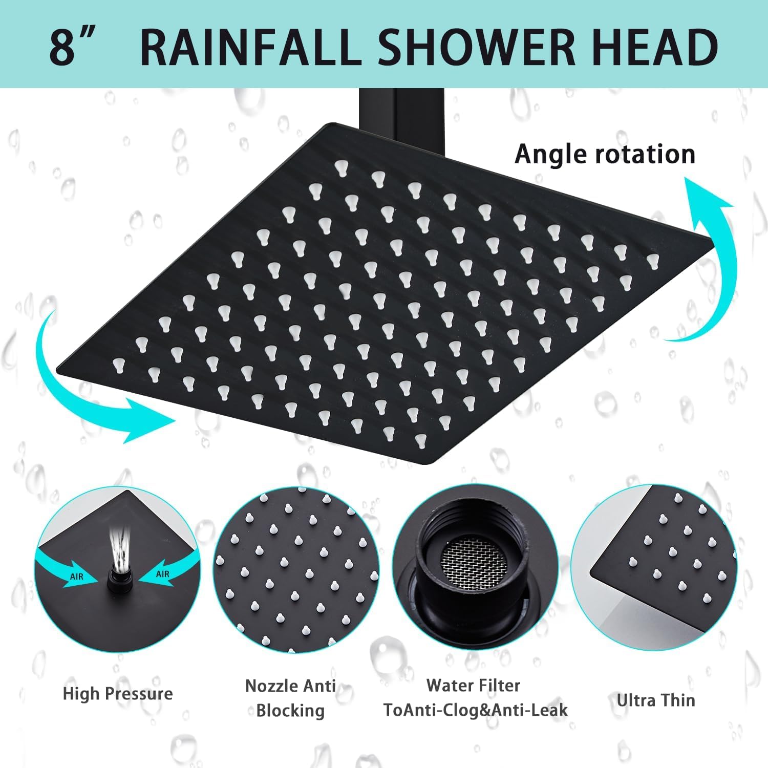 RTOBWEYE rainfall shower head provides broad coverage for a relaxing shower.