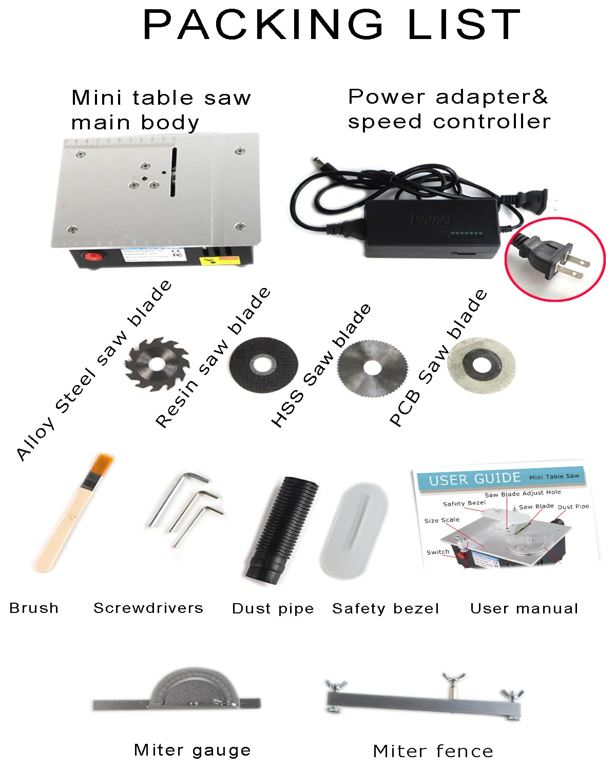 RTOVZON mini table saw packaging list shows included blades and accessories for ready setup