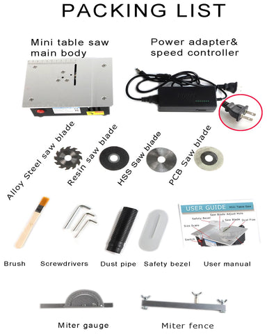 RTOVZON mini table saw packaging list shows included blades and accessories for ready setup