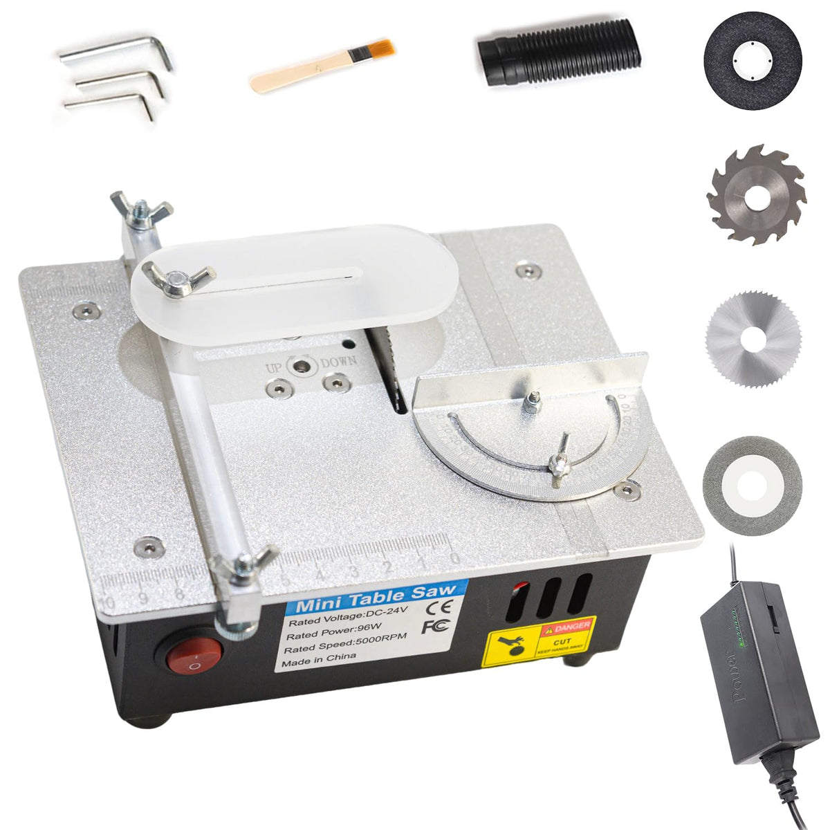 RTOVZON mini table saw side view shows compact build for small workshops and tabletop projects