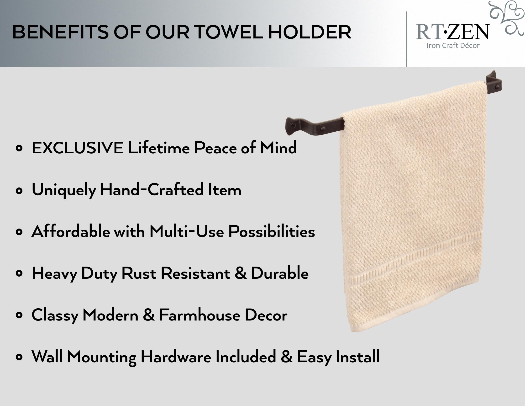 RTZEN Farmehouse 17-inch towel bar mounted on wall, keeps towels organized and dry.