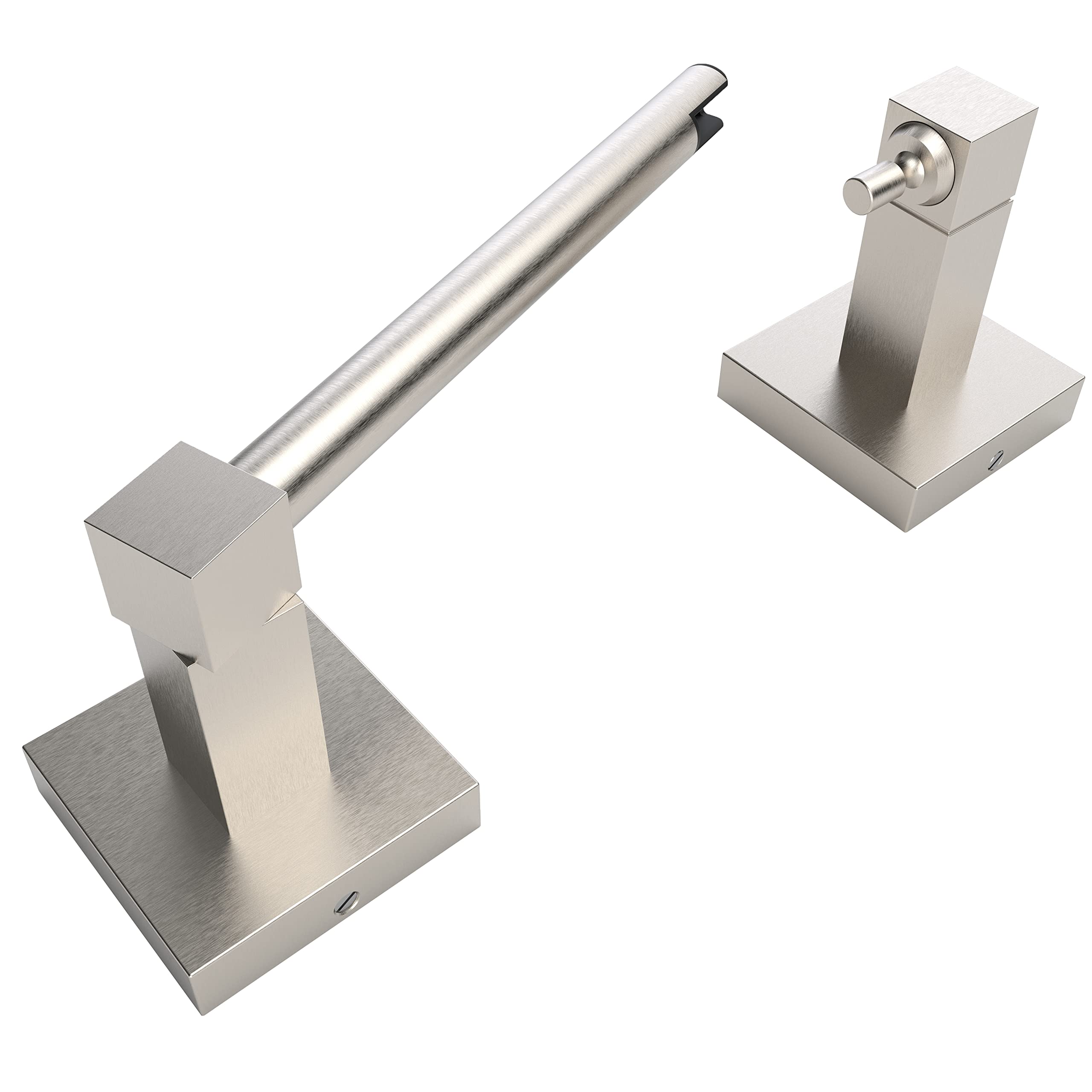 Ruacq brushed nickel double-post pivoting square base toilet paper holder for easy roll replacement.