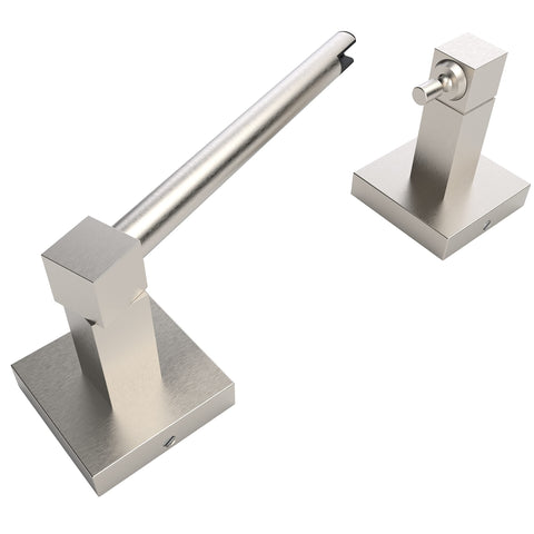 Ruacq brushed nickel double-post pivoting square base toilet paper holder for easy roll replacement.