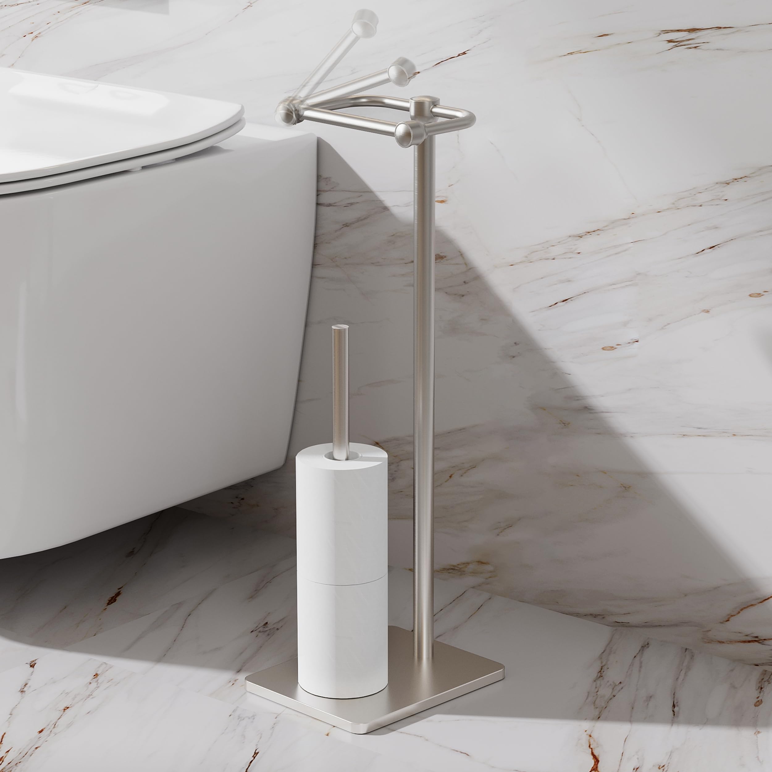 Ruacq stand with 4-roll storage ready for extra tissue in the bathroom.