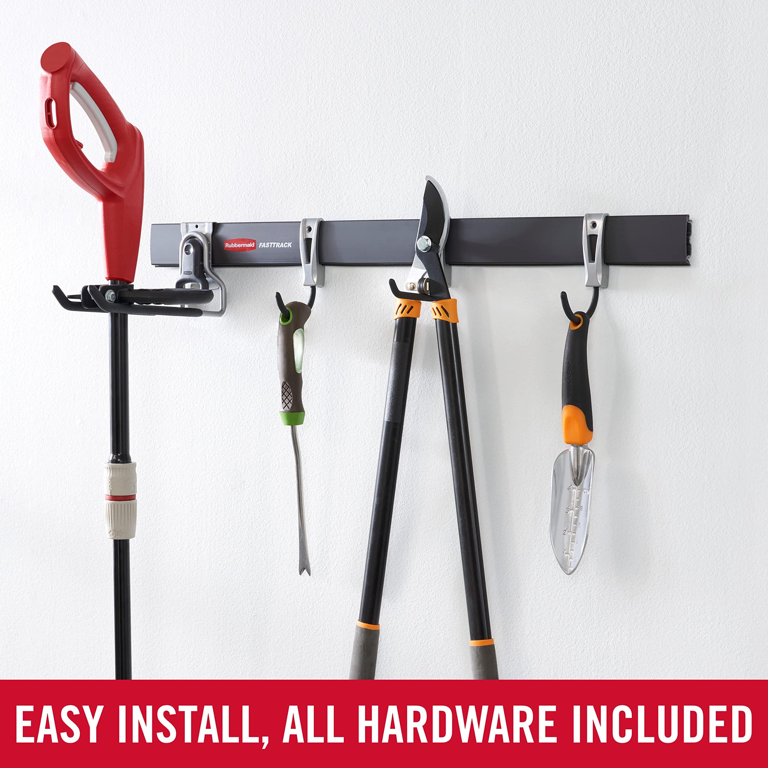 Rubbermaid FastTrack 1-handle hook securing bulky tools to wall