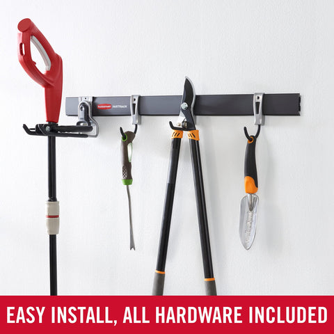 Rubbermaid FastTrack 1-handle hook securing bulky tools to wall