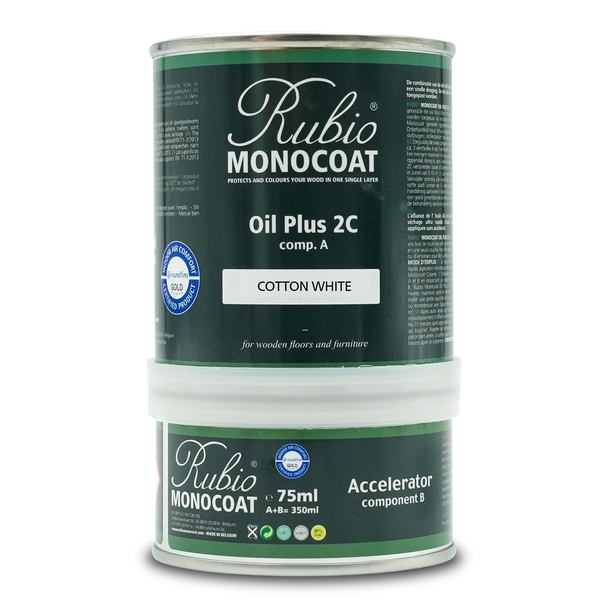 Rubio Monocoat Oil Plus 2C Cotton White bottle for fast indoor wood finishing.
