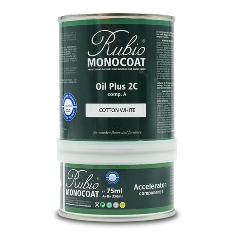 Rubio Monocoat Oil Plus 2C Cotton White bottle for fast indoor wood finishing.
