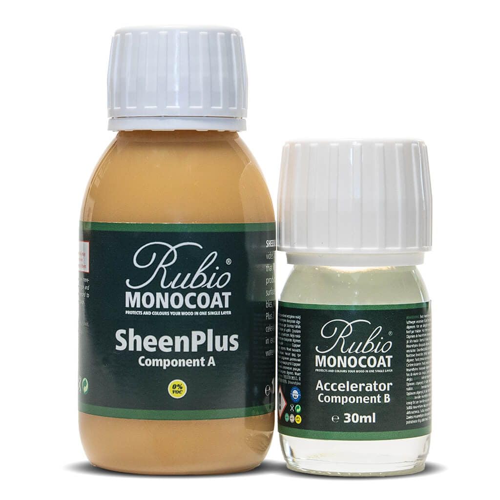 Rubio Monocoat SheenPlus bottle shows eco-friendly 0% VOC finish.