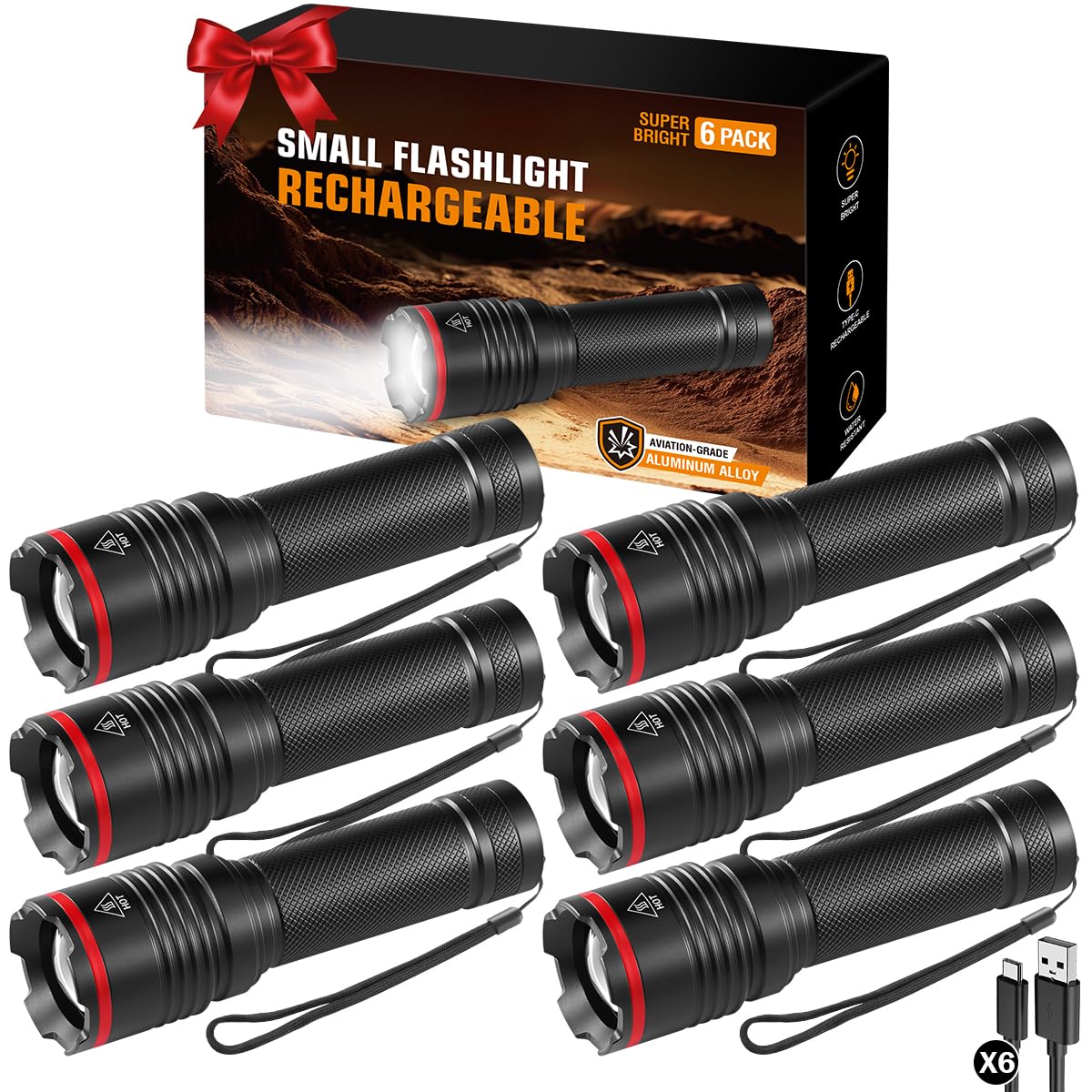 Ruboliy 6Pack rechargeable flashlights ready for home and outdoor use.