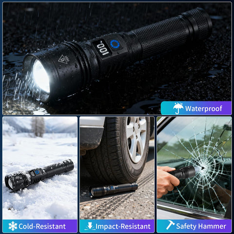 Ruboliy flashlight with five modes and adjustable focus for precision.
