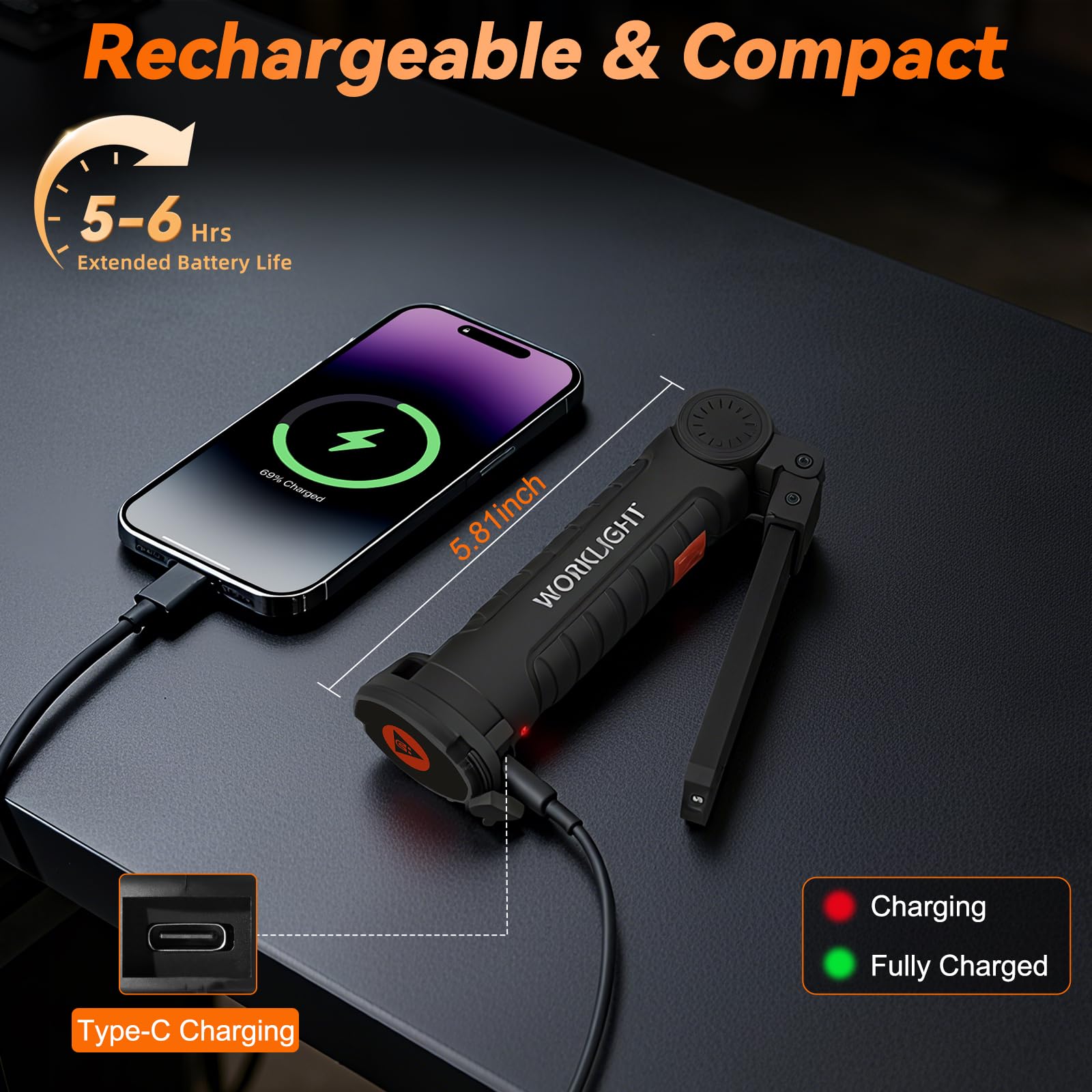 Ruboliy rechargeable light with USB-C charging for repeated use.