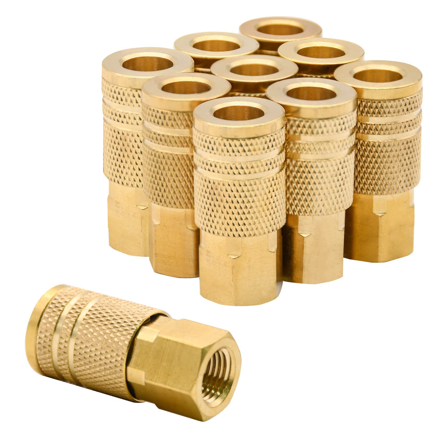 Ruby.Q 1/4-inch brass female industrial coupler pack ready for professional air tool setups.