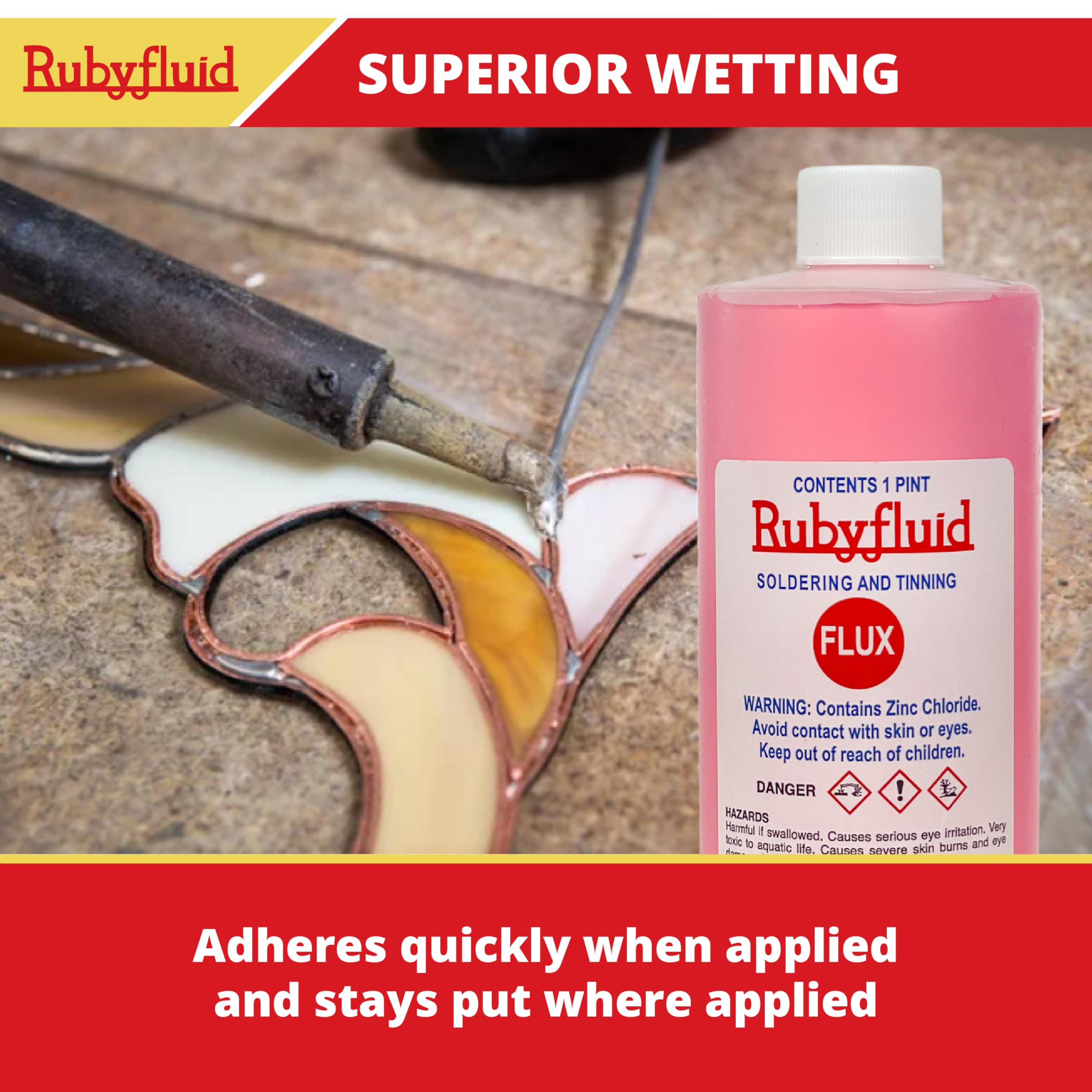 Rubyfluid flux pouring view illustrating smooth flow and even coverage on metal joints.