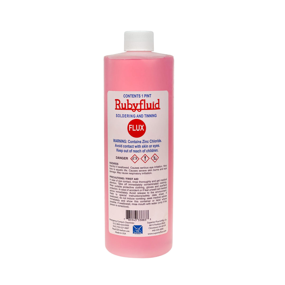 Rubyfluid soldering flux bottle, front view, highlighting its versatile, easy-clean formula.
