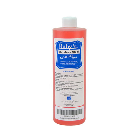 Rubyfluid stainless steel soldering flux bottle ready for tough joints.