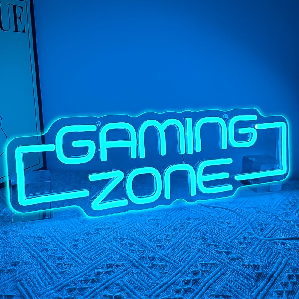 RuCvixkt gaming zone neon sign brightens the wall for a vibrant game room.