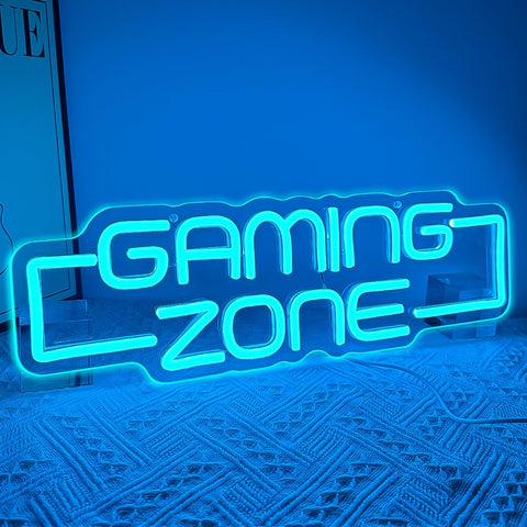 RuCvixkt gaming zone neon sign brightens the wall for a vibrant game room.