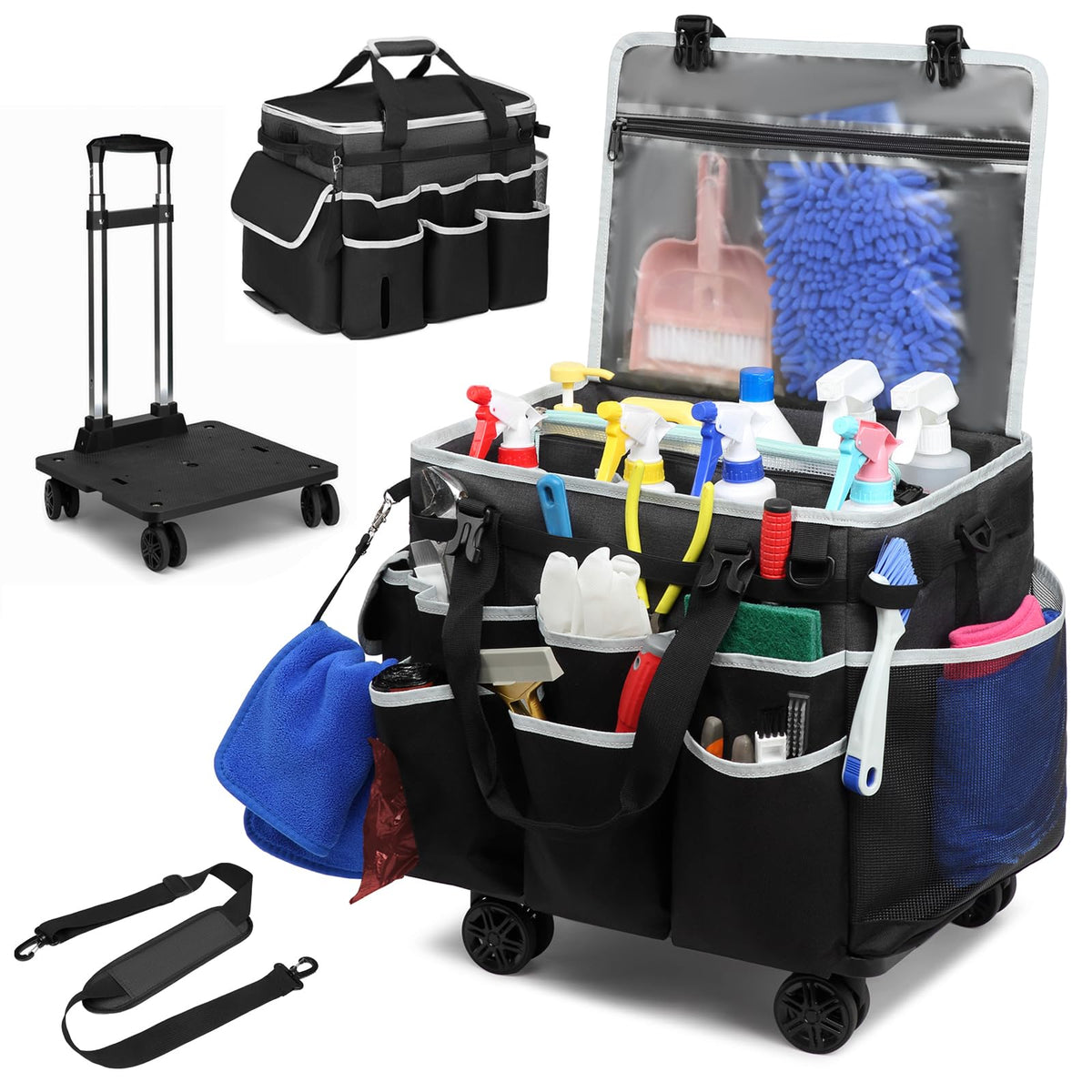 RUCYEN large rolling cleaning caddy bag base provides stability for mobile cleaning jobs.