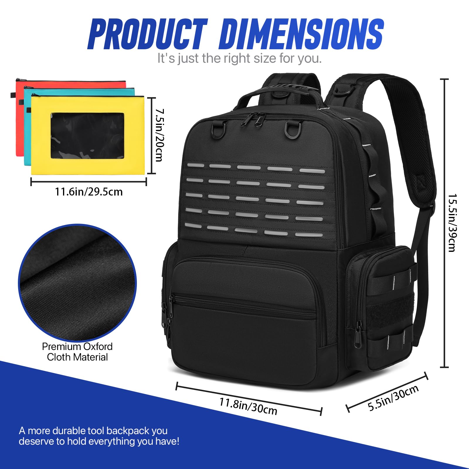 RUCYEN Tool Backpack front view with rugged zippers for quick access