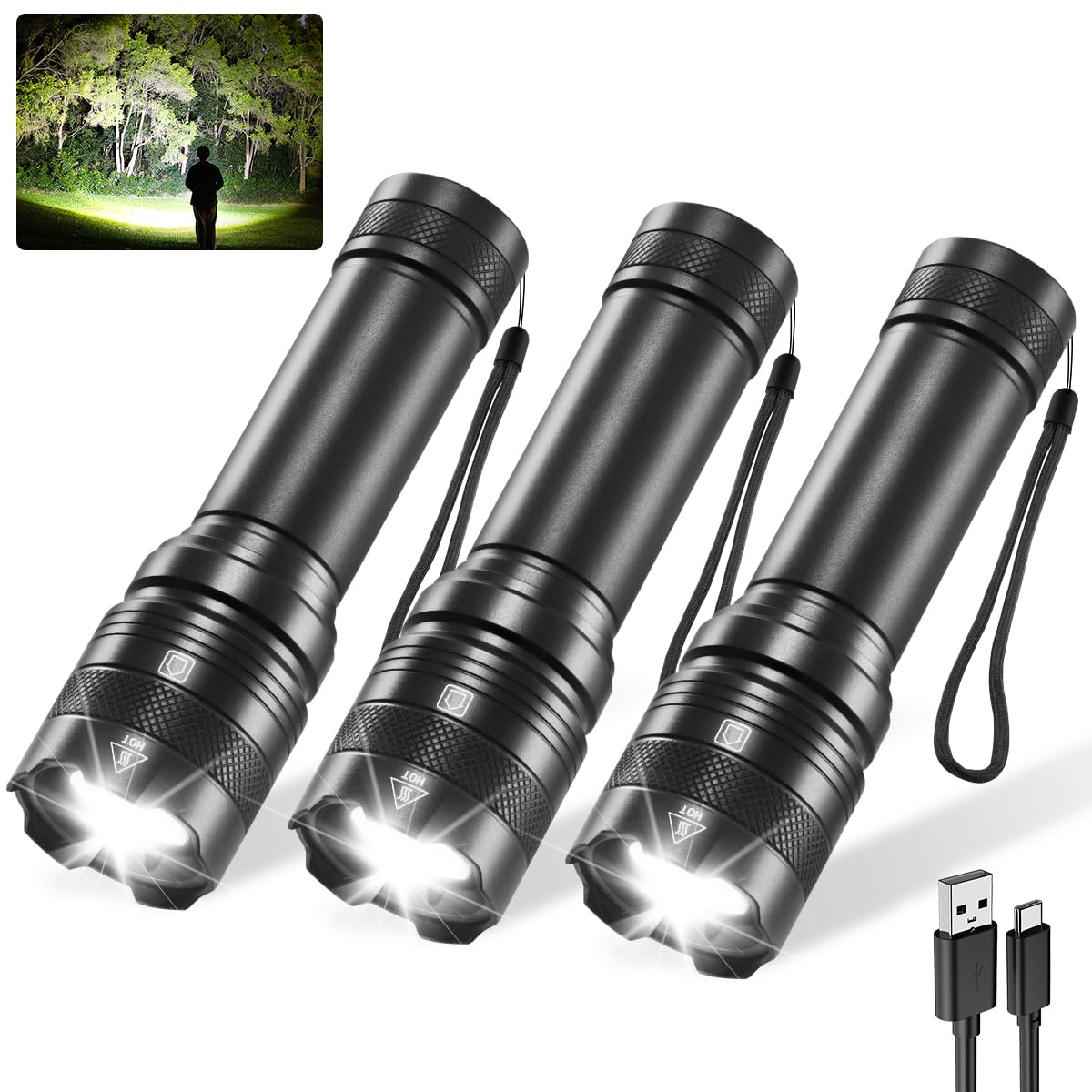 Rufykiri 3-pack rechargeable flashlights ready for everyday use.