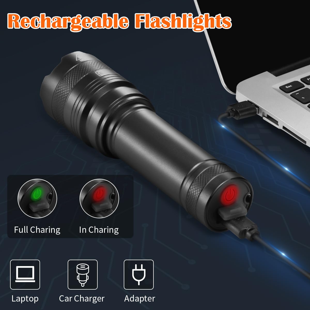 Rufykiri LED flashlight charging via USB-C for convenient power.