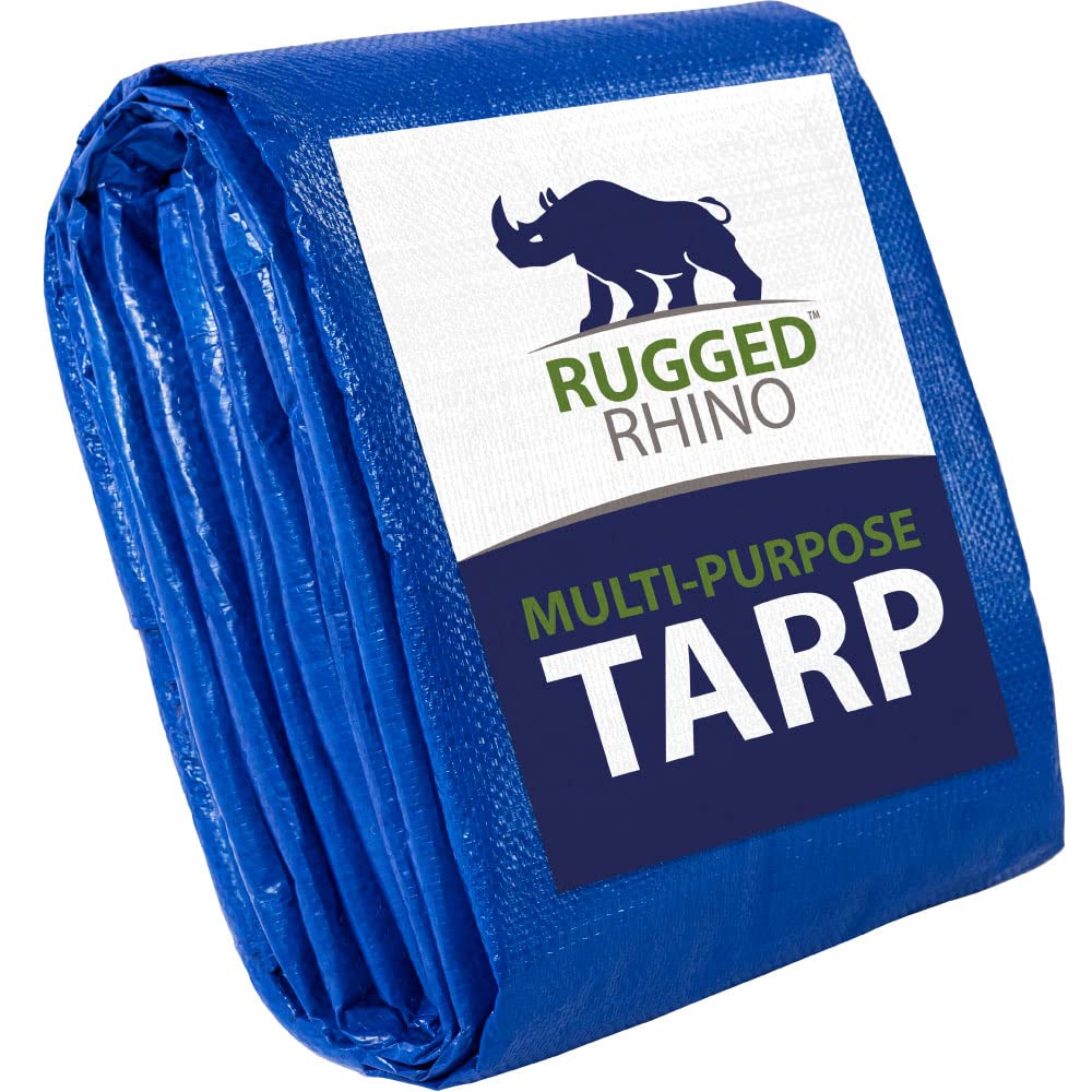 Rugged Rhino all-weather tarp waterproof blue cover for outdoor protection.