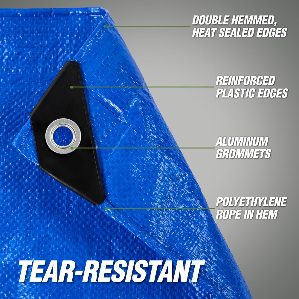 Rugged Rhino tarp in blue designed for gardening, camping, and vehicle covers.