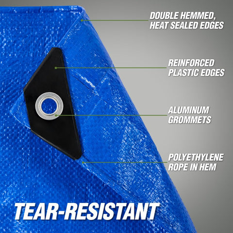 Rugged Rhino tarp in blue designed for gardening, camping, and vehicle covers.