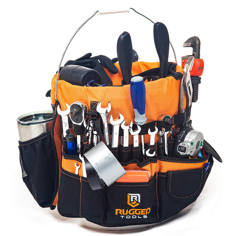 Rugged Tools bucket organizer inside layout keeps tools accessible on site