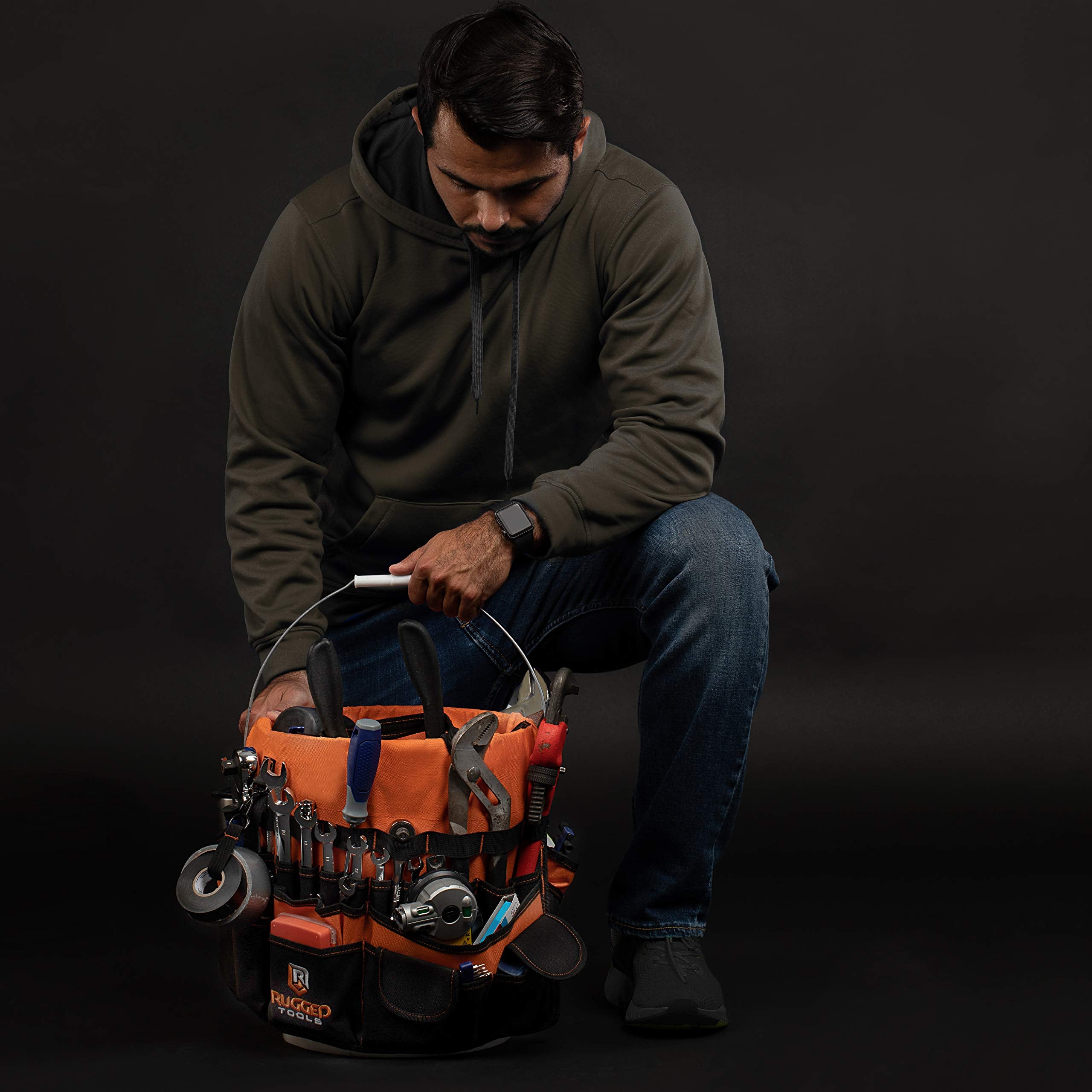 Rugged Tools rugged double-stitching detail enhances durability for rough work