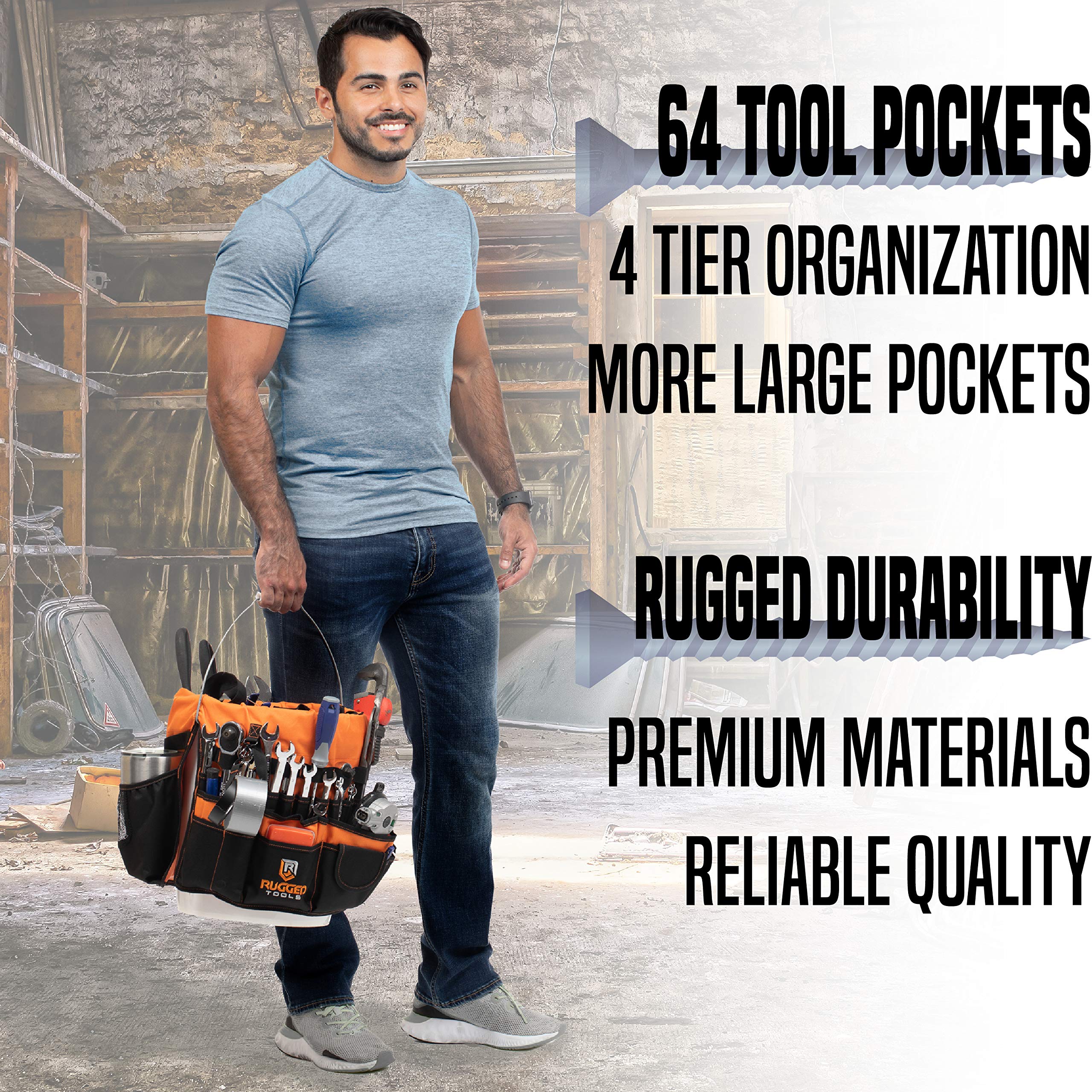 Rugged Tools sturdy pockets hold small parts securely during transport