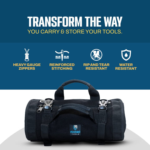 Rugged Tools Titan Deluxe Tool Roll displayed with tools to show capacity