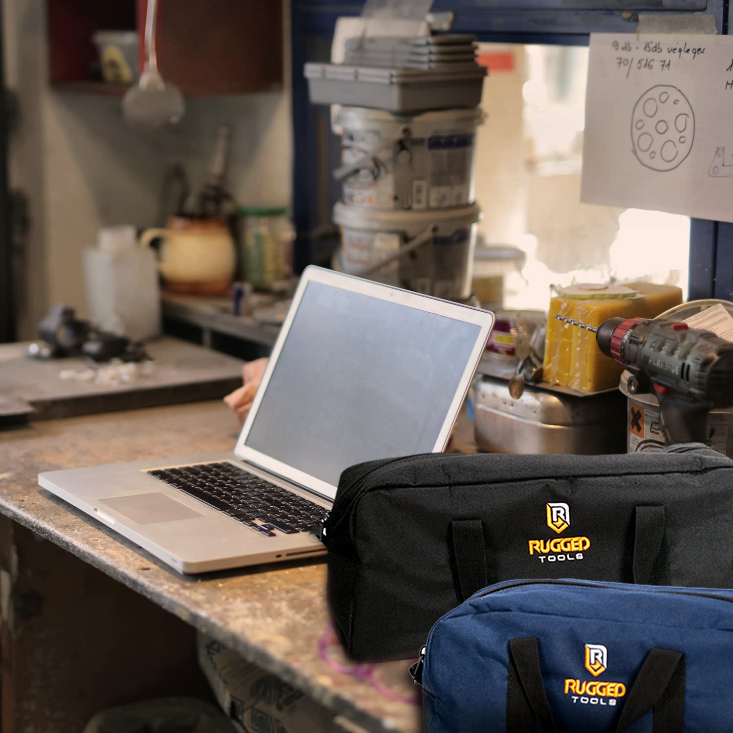 Rugged Tools toolbag combo worksite shot with electrician tools