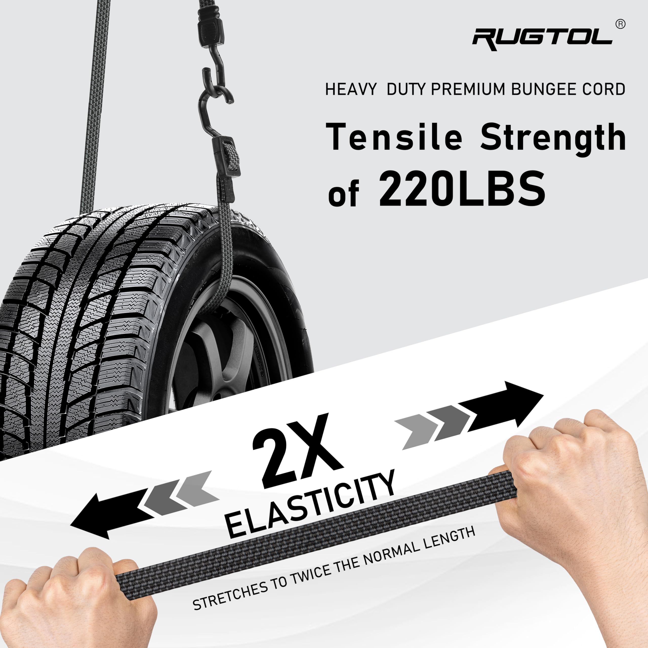 Rugtol adjustable bungee cords demonstrate 100 inch extension for securing varying loads