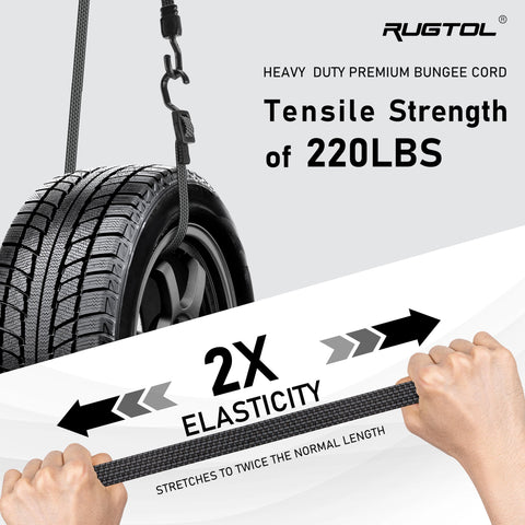 Rugtol adjustable bungee cords demonstrate 100 inch extension for securing varying loads